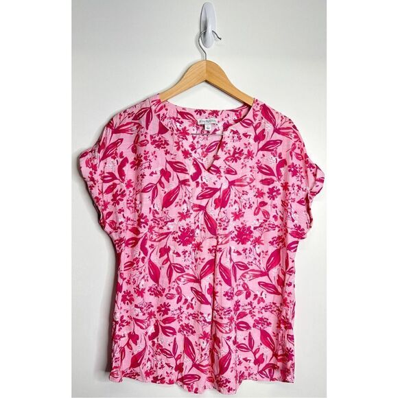 Kim Rogers Shirt Womens Pink Floral V Neck Short Sleeve Blouse Size Large - Picture 1 of 6